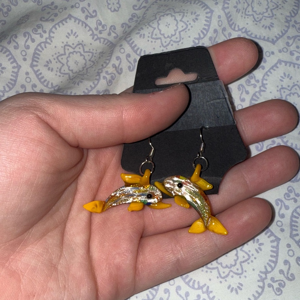 Gold and Yellow glass blown dolphin earrings